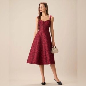 RIHOAS The Red Sweetheart Neck Jacquard Midi Dress M